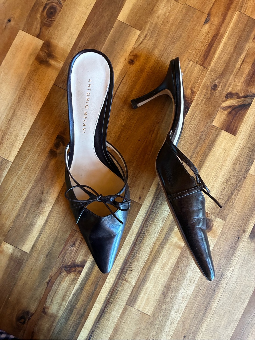 ANTONIO MELANI Chocolate Brown Leather Pointed Toe Slingback Mules with Bow - Picture 2 of 9